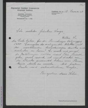 Brief von Maria Lohse an Helene Lange