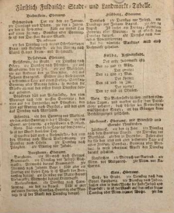 Fürstlich Fuldaische Stadt- und Landmarkt-Tabelle.