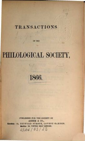 Transactions of the Philological Society. 1866