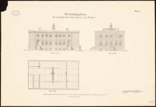 Strafanstalt, Wartenburg Wirtschaftsgebäude: Grundriss Sparrenlage, Aufriss Vorderansicht, Seitenansicht 1:100