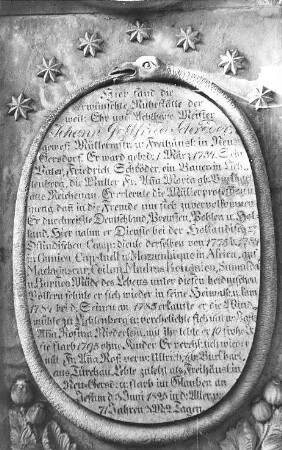 Weigsdorf in Sachsen (Wigancice Żytawskie/Polen). Grabstein des Müllermeisters Johann Gottfried Schröder auf dem Friedhof Weigsdorf, Detail