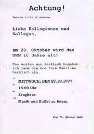 Einladung zur Feier anlässlich des 10. Jahrestages des DHM