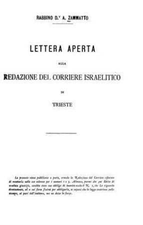 Lettera aperta alla redazione del Corriere israelitico di Trieste / A. Zammatto