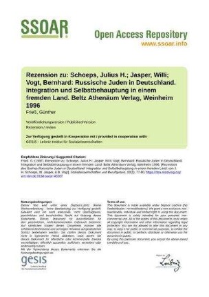 Rezension zu: Schoeps, Julius H.; Jasper, WiIIi; Vogt, Bernhard: Russische Juden in Deutschland. Integration und Selbstbehauptung in einem fremden Land. Beltz Athenäum Verlag, Weinheim 1996