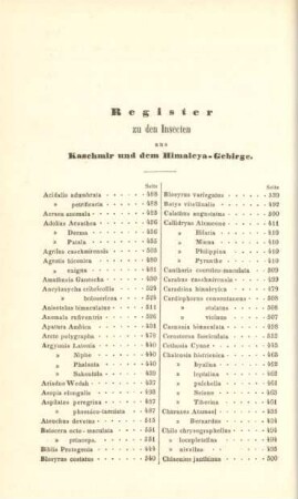 Register zu den Insecten aus Kaschmir und dem Himaleya-Gebirge