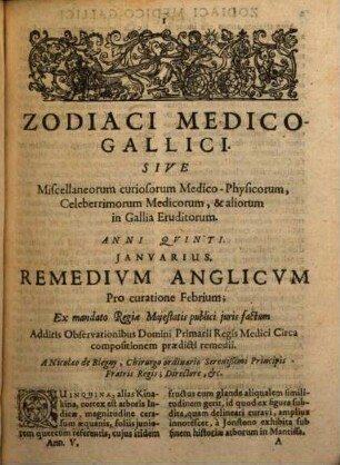 Zodiacus Medico-Gallicus, sive miscellaneorum curiosorum, medico-physicorum sylloge. 5. 1683 (1685)