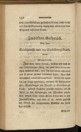 Zwölftes Gespräch. Von dem Gedächtnisse und der Einbildungskraft.