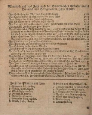 Allmanach auf das Jahr nach der Gnadenreichen Gebuhrt unsers Heylands und Seeligmachers Jesu Christi.