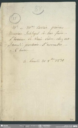 Einladung von Georges Cuvier an August Wilhelm von Schlegel, o.O., 31.10.1831