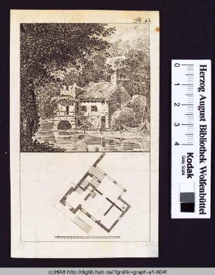 Haus in Park mit Grundriß.