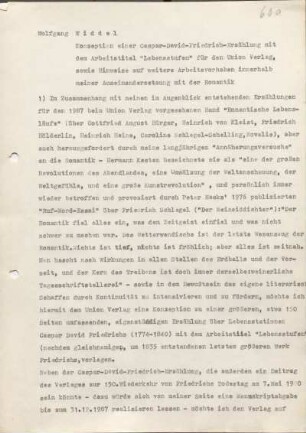 [W217]: Konzeption einer Caspar-David-Friedrich-Erzählung mit dem Arbeitstitel "Lebensstufen" für den Union Verlag, sowie Hinweise auf weitere Arbeitsvorhaben innerhalb meiner Auseinandersetzung mit der Romantik