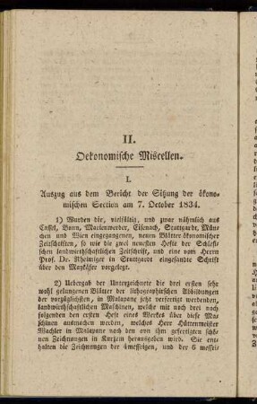 1. Auszug aus dem Bericht der Sitzung der ökonomischen Section am 7. October 1834