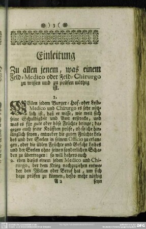 Einleitung Zu allen jenem, was einem Feld-Medico oder Feld-Chirurgo zu wissen und zu prüfen nöthig ist