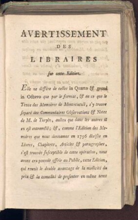 Avertissement des Libraires sur cette Edition