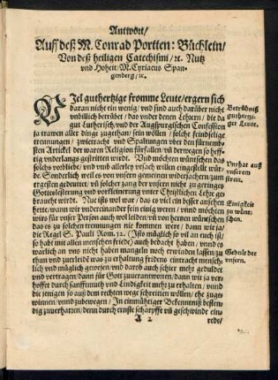 Antwort/ Auff deß M. Conrad Portten: Büchlein/ Von deß heiligen Catechismi/ etc. Nutz und Hoheit/ M. Cyriacus Spangenberg/ etc.