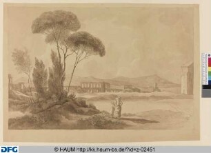 Italienische Landschaft mit Pinien vor Ruine eines Aquädukts