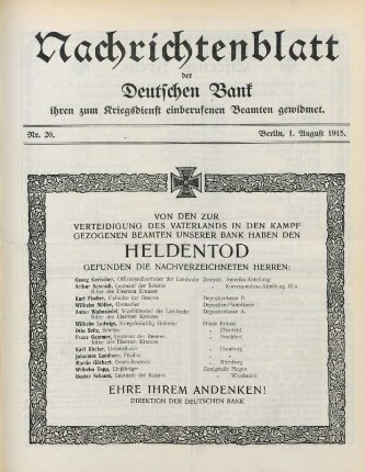 20.1915: Nachrichtenblatt der Deutschen Bank