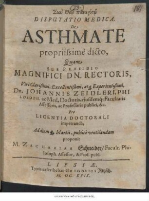 Disputatio Medica De Asthmate propriissime dicto