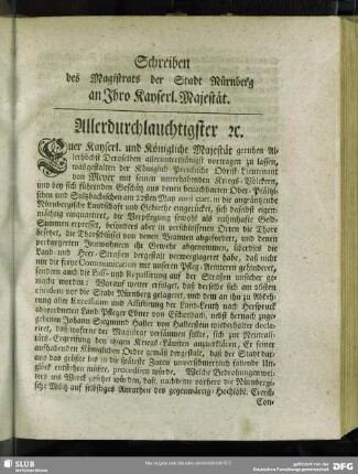 Schreiben des Magistrats der Stadt Nürnberg an Ihro Kayserl. Majestät