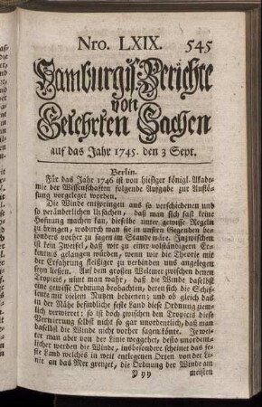 Nro. LXIX. auf das Jahr 1745. den 3 Sept. - Nro. LXXVI. auf das Jahr 1745. den 28 Sept.
