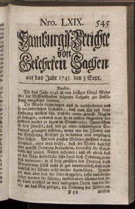 Nro. LXIX. auf das Jahr 1745. den 3 Sept. - Nro. LXXVI. auf das Jahr 1745. den 28 Sept.