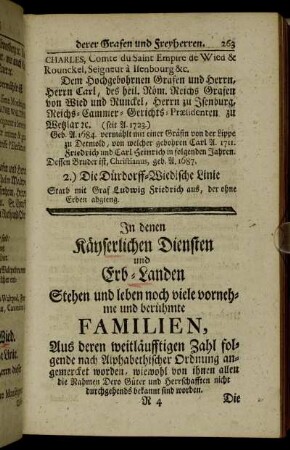 [V.] In denen Käyserlichen Diensten und Erb-Landen Stehen und leben noch viele vornehme und berühmte Familien.