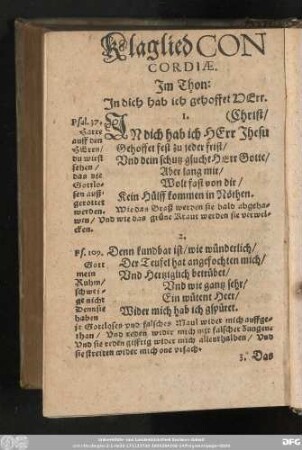 Klaglied Concordiae. Im Thon: In dich hab ich gehoffet Herr.