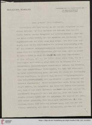 Brief von Fritz Saxl von Bibliothek Warburg (Hamburg) an Franz Boll