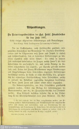 I.1 Die Reinertragsübersichten der kgl. sächs. Staatsforsten für das Jahr 1887