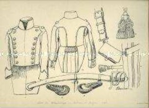 Uniformdarstellung, Detailstudie Uniformröcke, Taschen, Troddeln, Epauletten und Säbel der Ulanen-Regimenter, Königreich Bayern, 1813/1822. Beiblatt 2 zu Tafel V aus: Müller/Braun: Königl. Bayerische Armee.