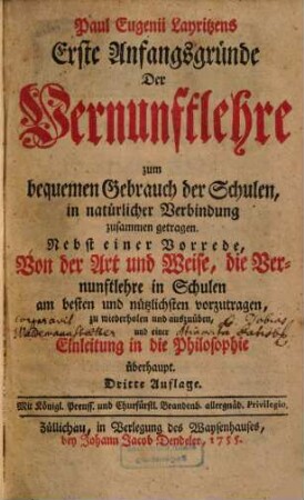 Paul Eugen Layritzens Erste Anfangsgründe der Vernunft-Lehre