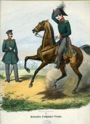 Uniformdarstellung, Offiziere des Feldjäger-Korps zu Pferde, Preußen 1843/1845. Aus: Sachse: Das Preussische Heer. Tafel 32.