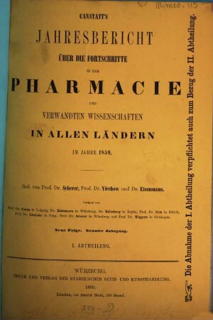 Canstatt's Jahresbericht über die Fortschritte in der Pharmacie und verwandten Wissenschaften in allen Ländern. 1859 (1860), 1 = NF, Bd. 9