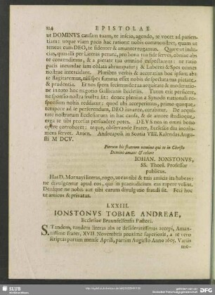 LXXIII. Ionstonus Tobiae Andrea, Ecclesiae Braunfelsensis Pastori
