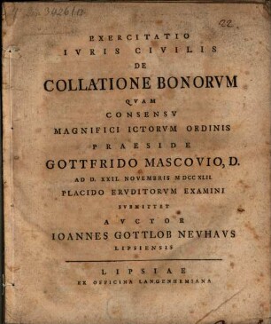 Exercitatio Ivris Civilis De Collatione Bonorvm