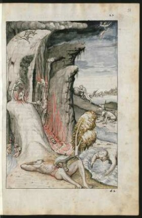 Federzeichnung, koloriert: Qualen von Sisyphus, Tantalus, Tityus und Ixion in der vom dreiköpfigen Cerberus bewachten Unterwelt