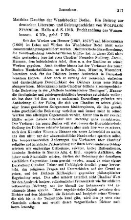 Stammler, Wolfgang :: Matthias Claudius der Wandsbecker Bothe, ein Beitrag zur deutschen Literatur- und Geistesgeschichte : Halle a. d. S., Waisenhaus, 1915