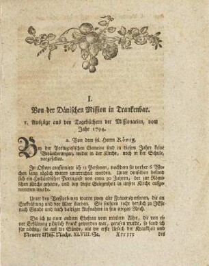 I. Von der Dänischen Mission in Trankenbar.