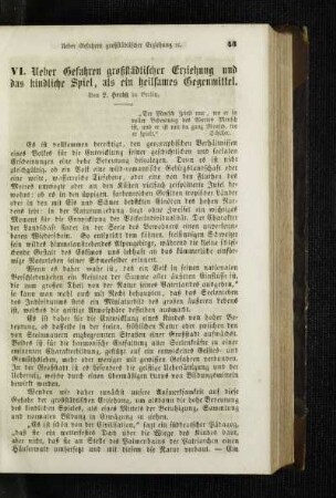 Ueber Gefahren großstädtischer Erziehung und das kindliche Spiel, als ein heilsames Gegenmittel