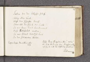 Ahlmann. – Incipit: Seelen die der Schöpfer schuf, Fähig edler Friede, Folgt dem süssesten Beruf, Schmeckt das Glück der Liebe! – Kopenhagen, 01.12.1779