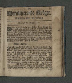 Nummer Een un Dörtig. Mahndags den 2. August 1751