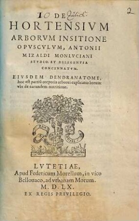 De Hortensivm Arborvm Insitione Opvscvlvm : Eivsdem Dendranatome, hoc est partiu[m] corporis arborei explicatio breuis: vbi de earundem nutritione