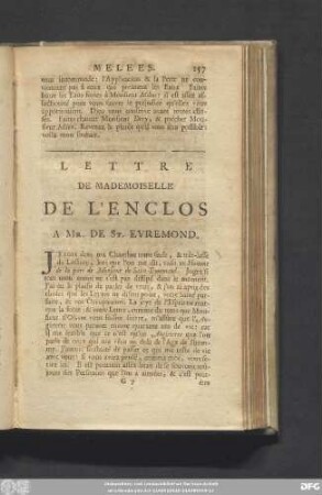 Lettre De Mademoiselle De L'Enclos A mr. De St. Evremond.