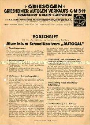 Vorschrift für die Nutzung des Aluminium-Schweißpulvers "AUTOGAL"