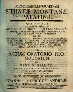Memorabilia Quaedam Stratae Montanae Palatinae