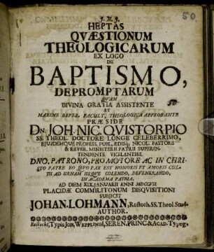 Heptas Qvæstionum Theologicarum Ex Loco De Baptismo, Depromptarum