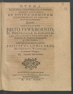 Ulterius Continuata Synopsis Ardui Articuli De Divina Hominum Incredulorum Ad Mortem aeternam reprobatione