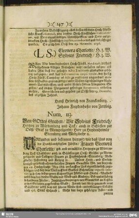 Num. 113. Von Gottes Gnaden, Wir Sylvius Friedrich, Hertzog zu Würtemberg und Teck ...