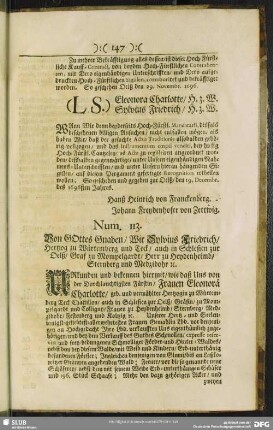 Num. 113. Von Gottes Gnaden, Wir Sylvius Friedrich, Hertzog zu Würtemberg und Teck ...