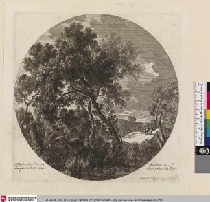 [Landschaft mit Blick auf einen Baum am Ufer eines Flusses und mit Hirten im Hintergrund]